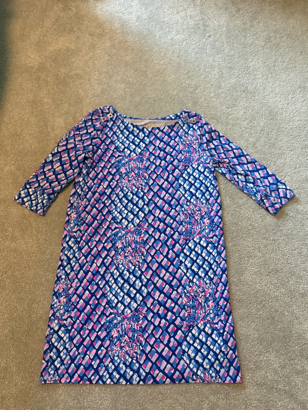 Lilly Pulitzer Blue, Pink and White Geometric Floral Midi Dress